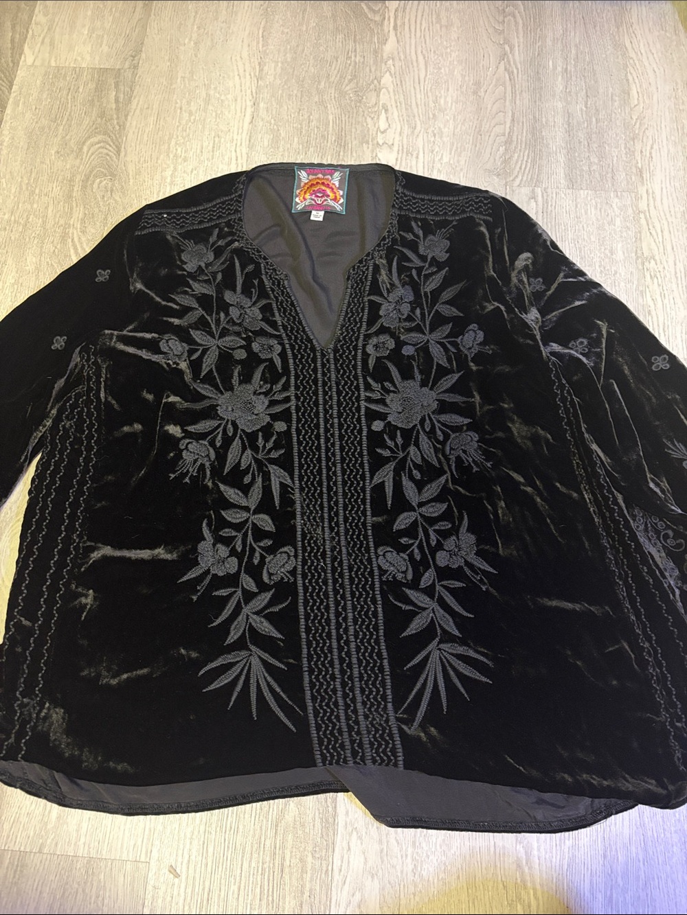 Johnny Was Black Velvet Embroidered V-Neck Shirt